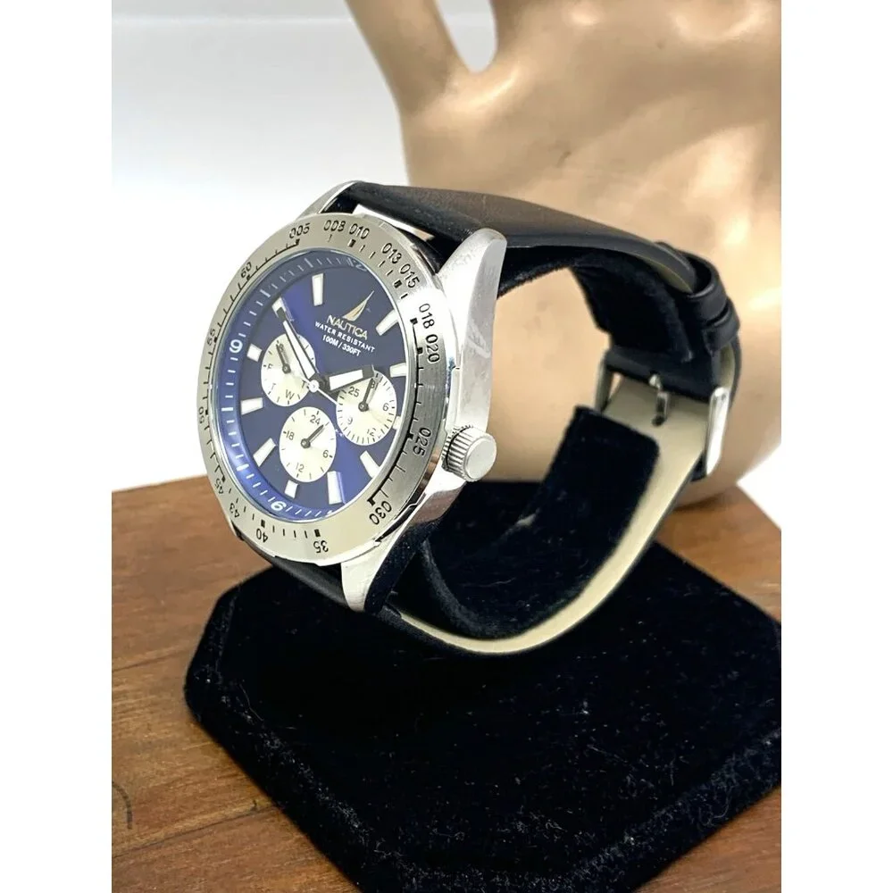 Nautica Men's Watch N11019 Quartz Blue Dial Black Leather Band 43mm